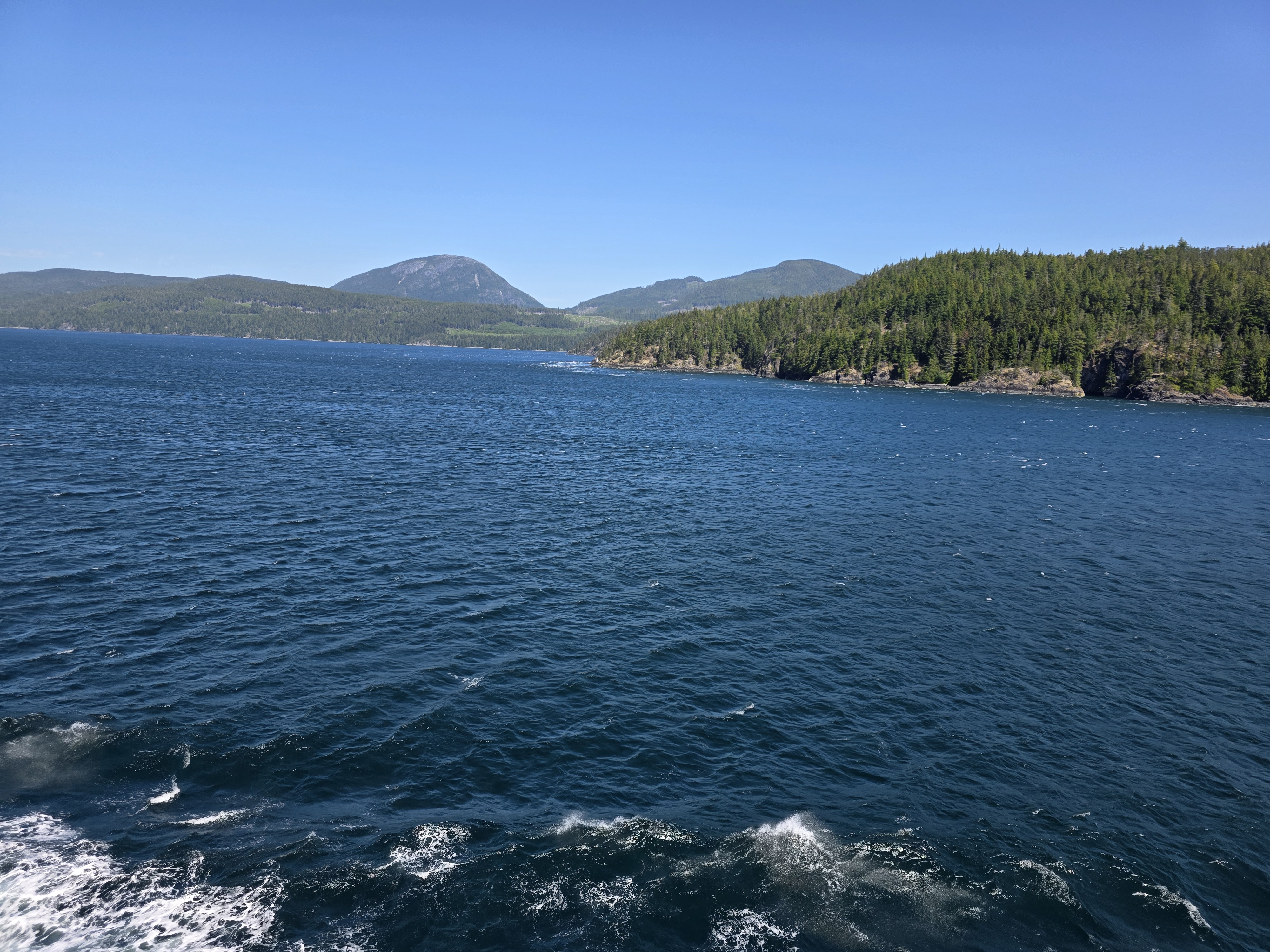Forested coastline and blue water along the Alaska Inside Passage