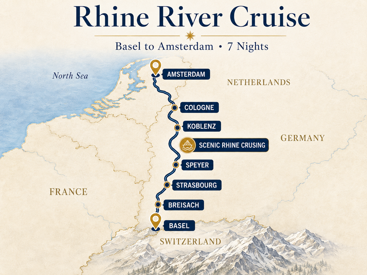 Rhine River cruise itinerary map from Basel to Amsterdam