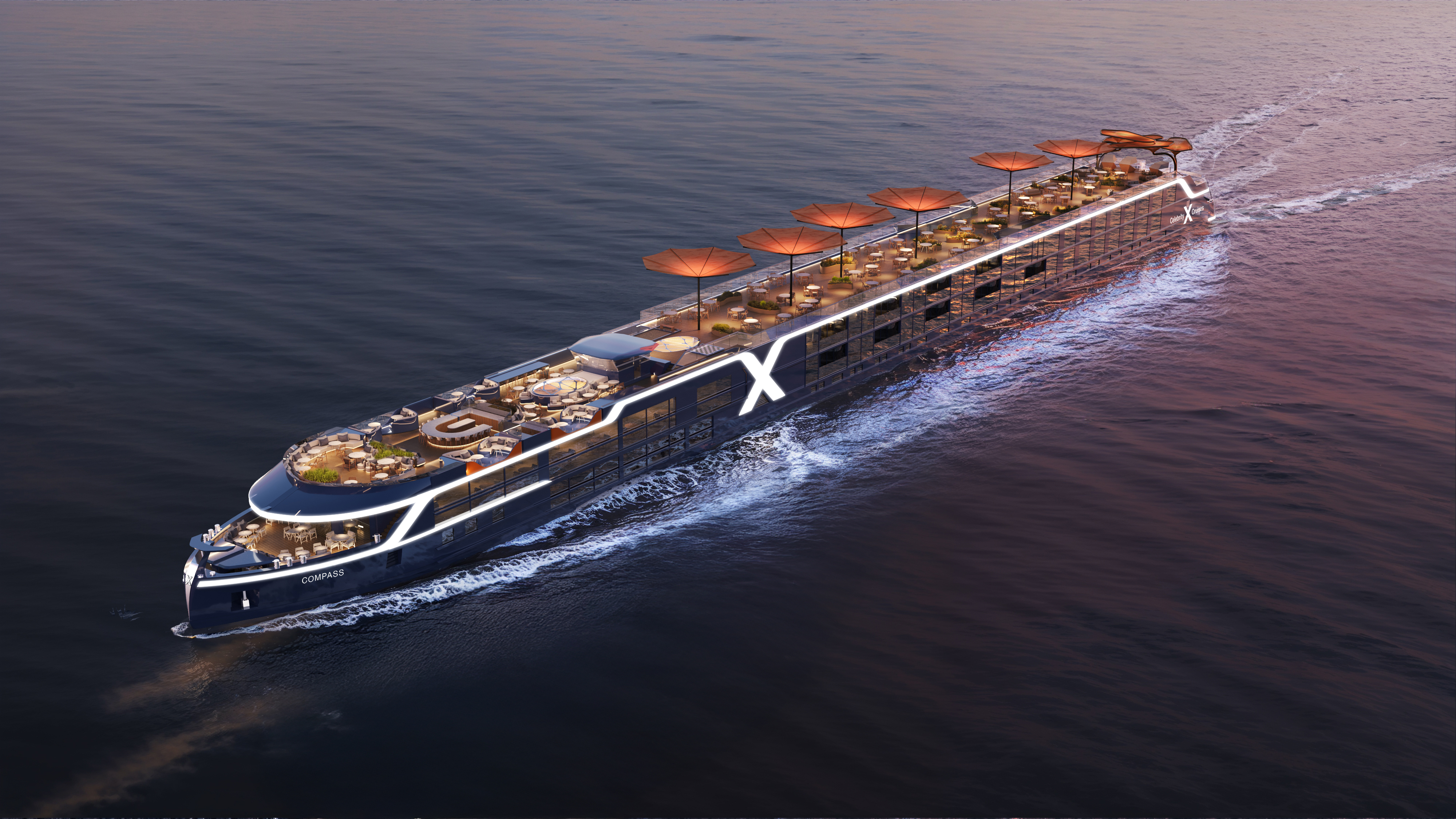 Celebrity River Cruises aerial ship rendering representative of Celebrity Wanderer design