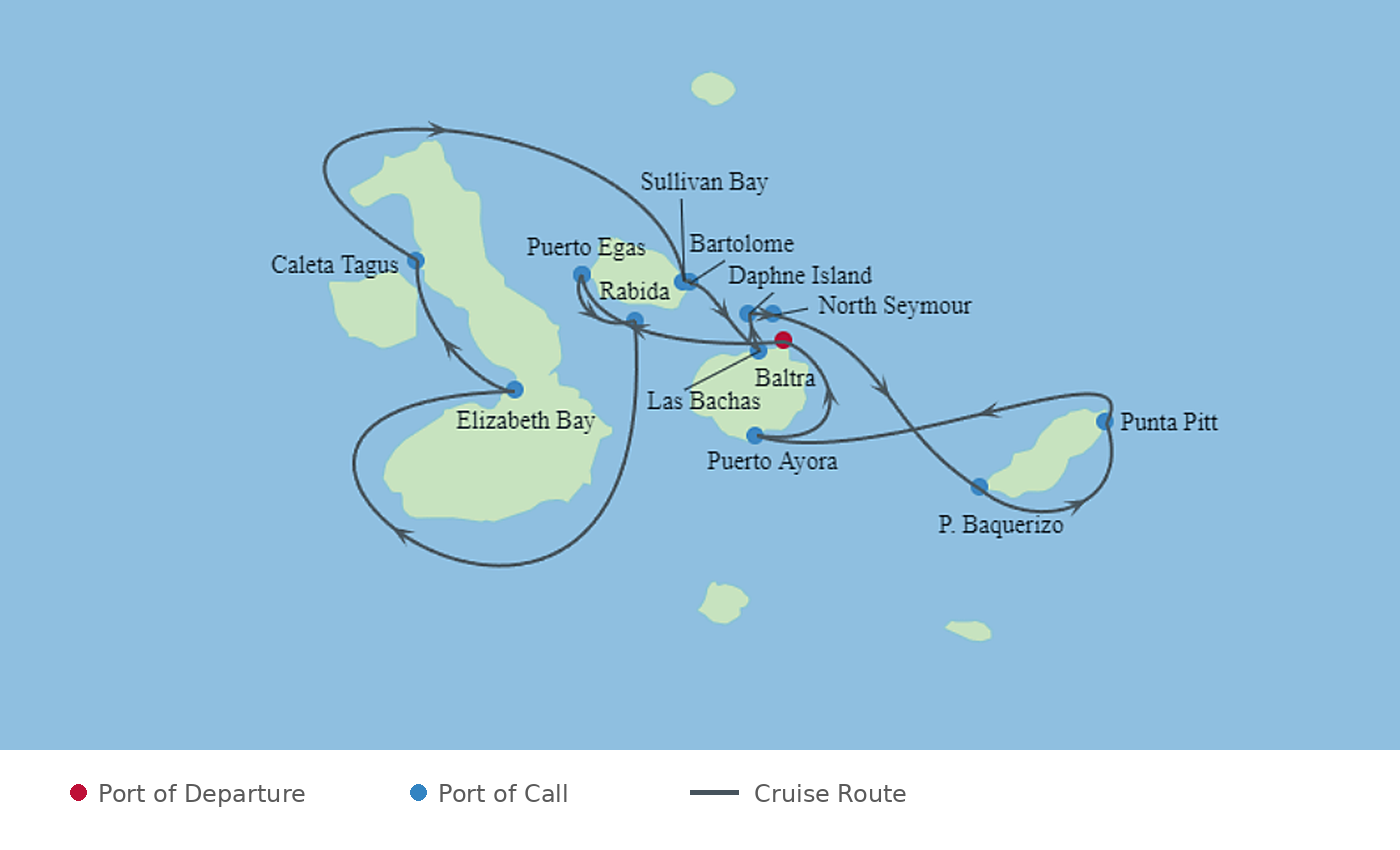 Map of Celebrity Flora's seven-night Galapagos Inner Loop itinerary