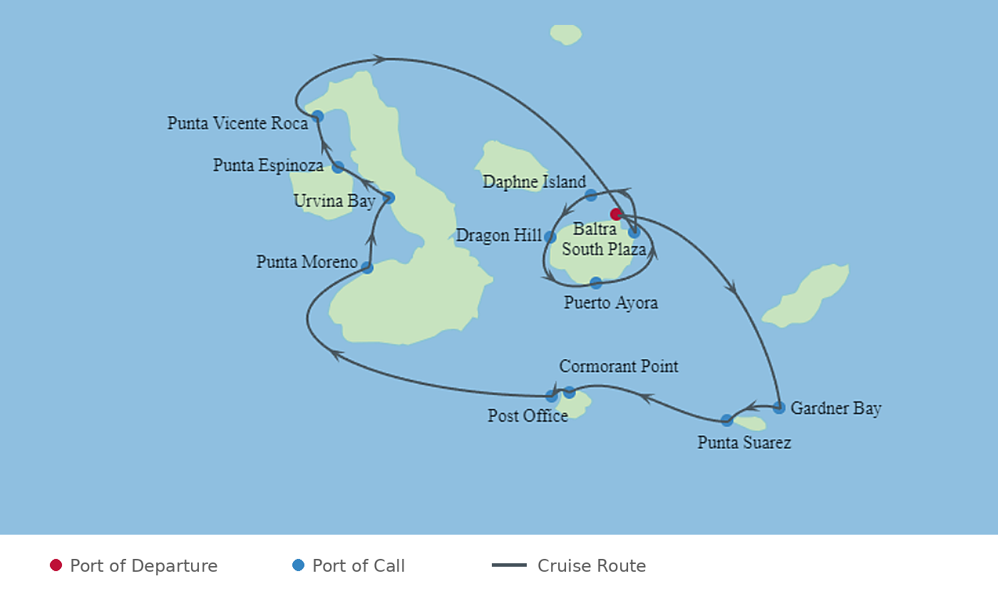 Map of Celebrity Flora's seven-night Galapagos Outer Loop itinerary