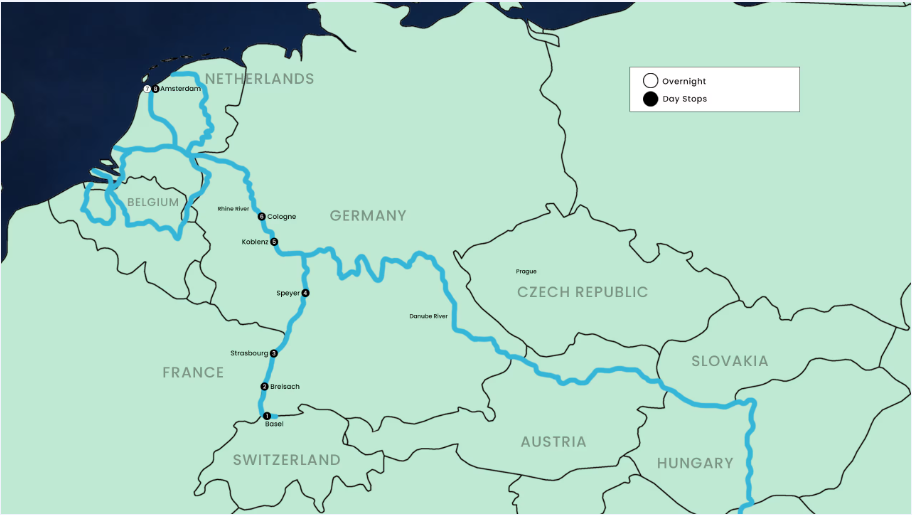 Map of the Celebrity Rhine River cruise from Basel to Amsterdam