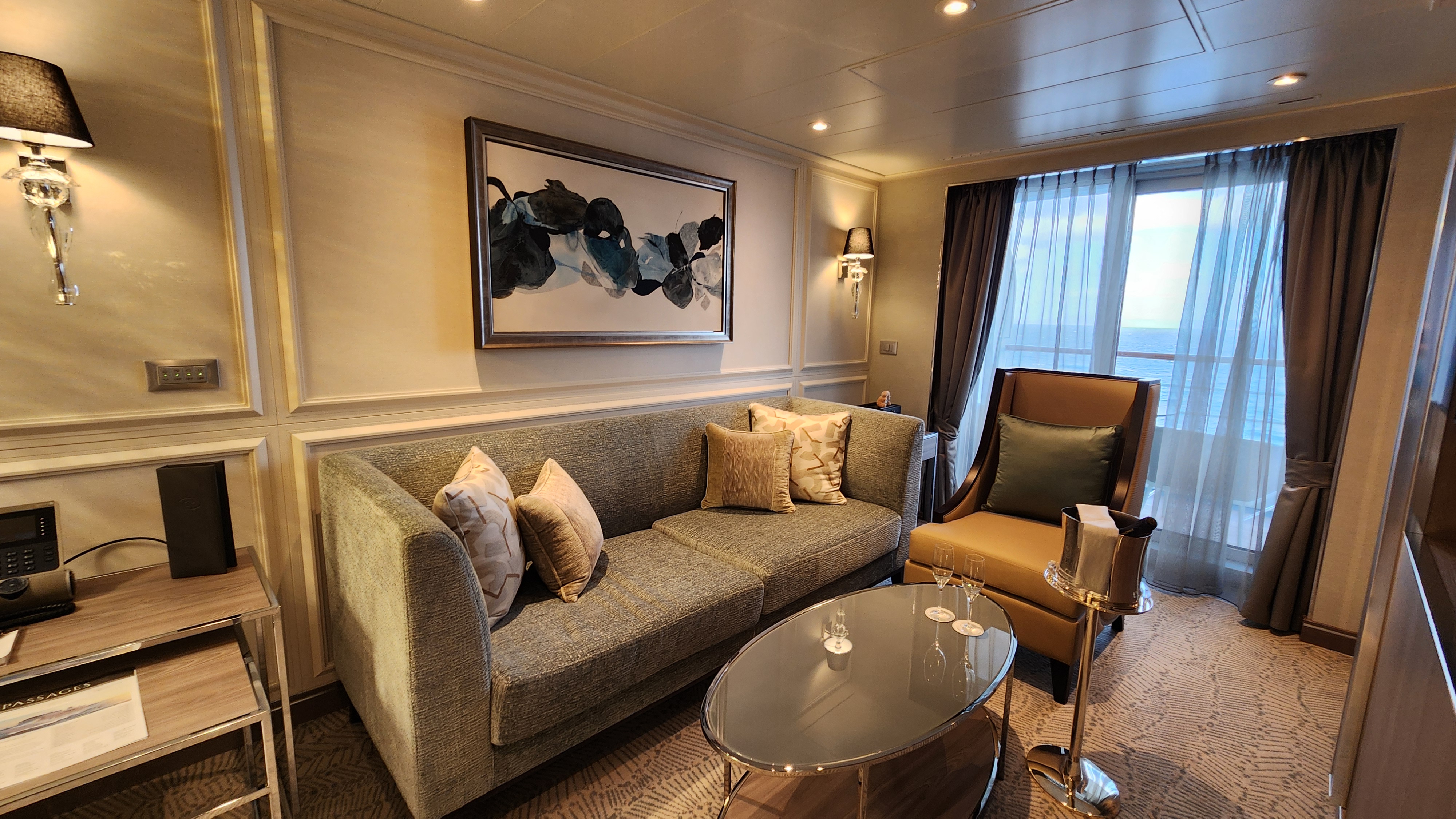 Spacious luxury suite aboard a Regent Seven Seas ship.