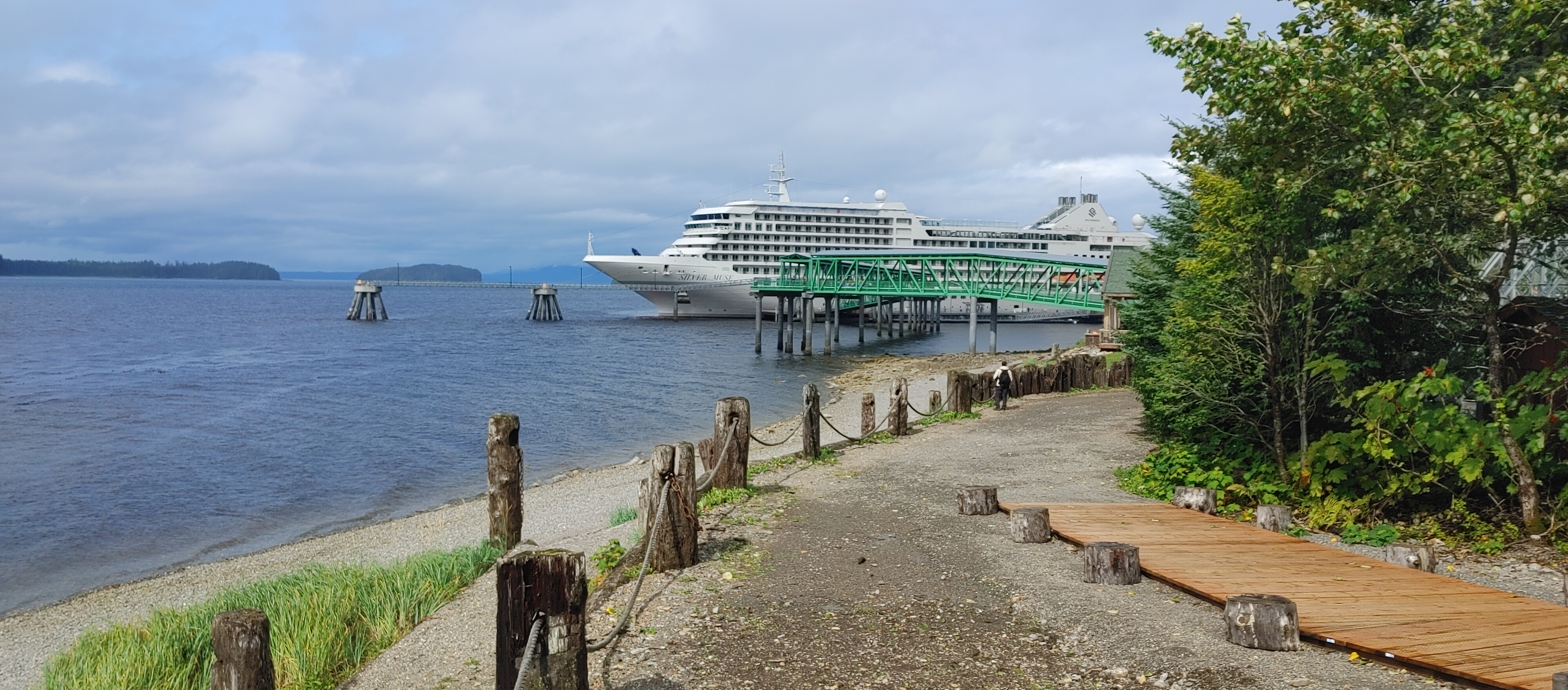 Silversea luxury cruise ship docked in an Alaska port.