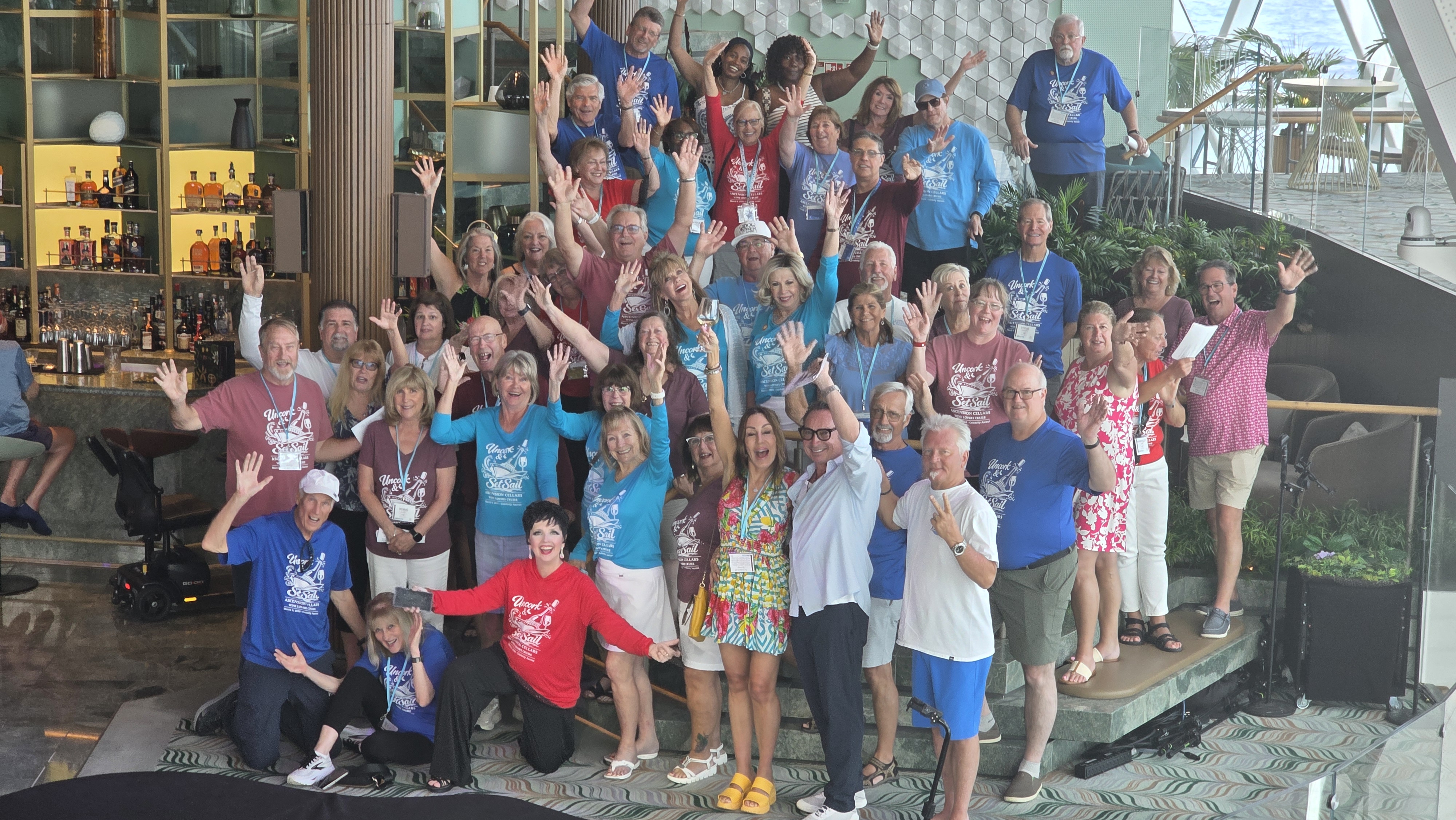 Large hosted cruise group gathered together during an Ascension Cellars sailing.